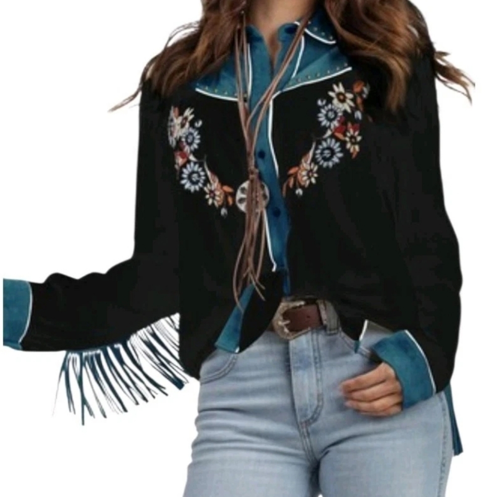 John MOON NWT Women's Embroidered Western Long Sleeve Button Down Size XL